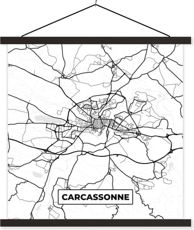 Posterhanger incl. Poster 60x60 cm - Schoolplaat - Frankrijk - Kaart - Plattegrond - Carcassonne - Stadskaart - Zwart wit - Textielposter - Zwarte latten - Stadskaart