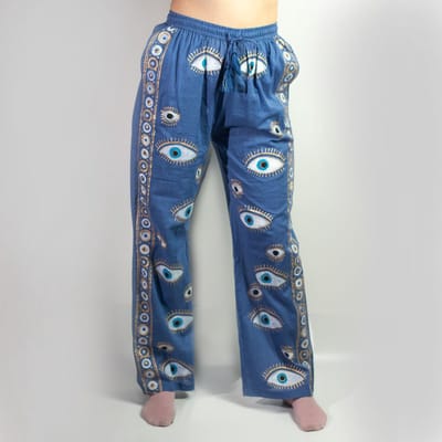 Nomad Sari On the Med Collection - Loungebroek - Rijkblauw en goudkleurig handgeschilderd boze oogontwerp (Maat: M-L)