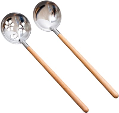 2-delige set - soeplepel + vergiet - 304 roestvrij staal - houten handvat - huishoudlepel met lange steel - 26*6,5 cm - zilver