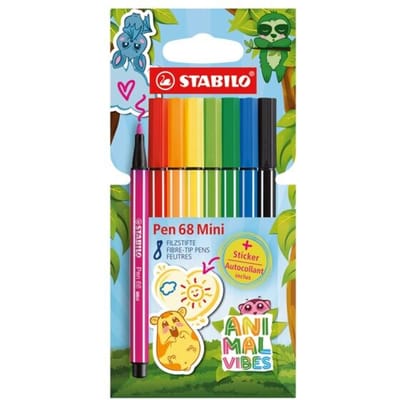 STABILO Pen 68 Mini - Premium Viltstift - Animal Vibes - Etui Met 8 Kleuren + Sticker