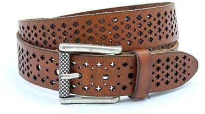 Dames riem cognac - Leren jeans riem 4 cm met abstracte print - Leer - Jeans riem - Stoer - Maat 95
