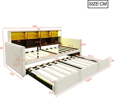 DESMIU Gestoffeerde Bedbank 90x190cm - Uitschuifbaar Bed Met Leesverlichting En Oplaadpunten - Hoofdbord Met Opbergruimte - Slaapkamer - Fluweel - Beige - Zonder Matras
