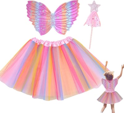 Joya Kids® Regenboog tutu met Vleugels en Staf | Tover fee Verkleedset voor Meisjes | Tutu verkleedkleding | Prinsessencape | Cape Set | Unicorn | Meisje Verkleedset | Carnvalskleding Halloween Meisjes | Met Staf, Vleugels en Tutu | Metallic Roze
