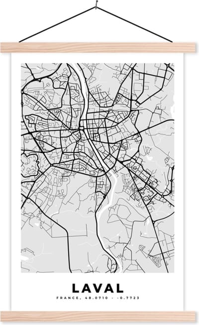 Posterhanger incl. Poster 40x60 cm - Schoolplaat - Kaart - Stadskaart - Laval - Plattegrond - Frankrijk - Textielposter - Blanke latten - Stadskaart