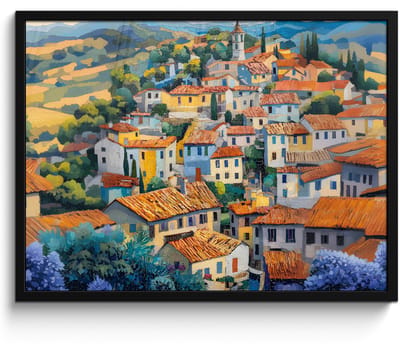 Poster in lijst - Fotolijst 70x50 cm - Posters - Dorp - Heuvels - Landschap - Bomen - Posterlijst zwart - Decoratie - Wanddecoratie woonkamer - Muurdecoratie slaapkamer