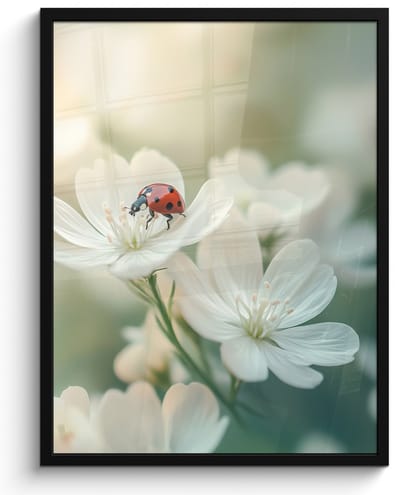 Poster in lijst - Fotolijst 50x70 cm - Posters - Lieveheersbeestje - Bloemen - Wit - Posterlijst zwart - Decoratie - Wanddecoratie woonkamer - Muurdecoratie slaapkamer
