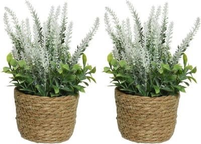Everlands Lavendel kunstplant in plantenmand - 2x - wit - D12 x H26 cm