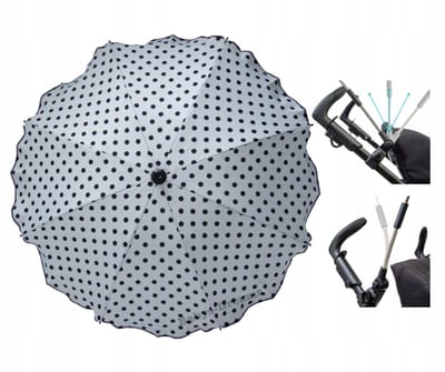 Zonne-/regenscherm kinderwagen wit met zwarte stippen, UV50+