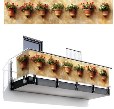 Balkonscherm 500x110 cm - Balkonposter Bloempotten - Muur - Vintage - Balkon scherm decoratie - Balkonschermen - Balkondoek zonnescherm