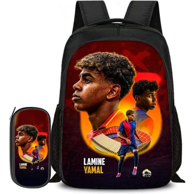 2-delige Set Boekentas Etui Schooltassen L-Lamin Yamal Kinderen School Dubbellaags Rugzak Voetbalster Voetbal Sport Mochila
