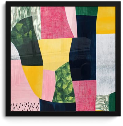 Poster in lijst - Fotolijst 40x40 cm - Posters - Abstract - Roze - Lappen - Vormen - Geel - Posterlijst zwart - Decoratie - Wanddecoratie woonkamer - Muurdecoratie slaapkamer