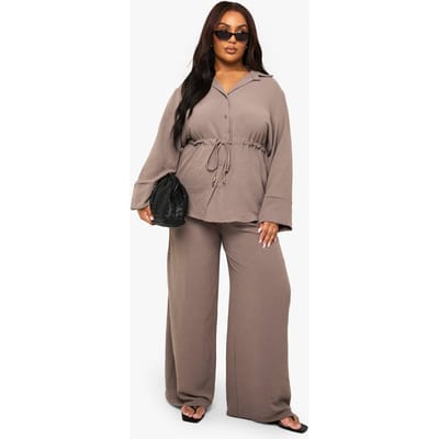 boohoo Dames Plus Geweven Overhemd met Strikceintaille & Broek Co-ord | Taupe | Maat: 50