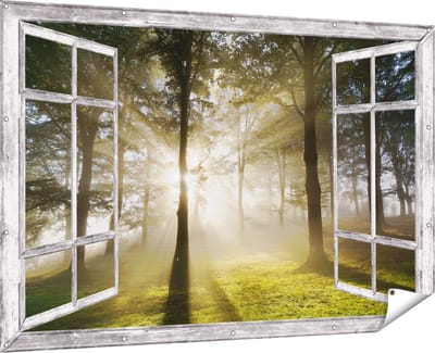 Gards Tuinposter Doorkijk Zon tussen de Bomen - 180x120 cm - Tuindoek - Tuindecoratie - Wanddecoratie buiten - Tuinschilderij