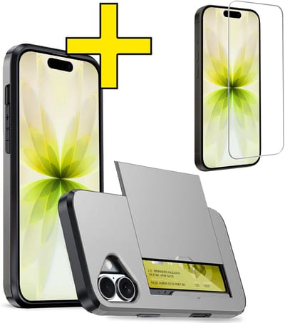 Hoesje Geschikt voor iPhone 17 Hoesje Case Pashouder Hard Cover Met Screenprotector - Hoes Geschikt voor iPhone 17 Hoesje Met Kaarthouder - Grijs