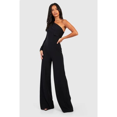 boohoo Dames Petite Premium Slinky Jumpsuit met een mouw en schouderpad | Black | Maat: 14