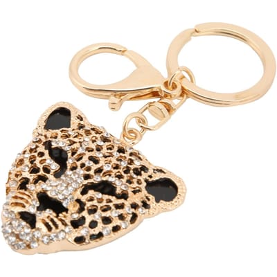 Porte-clés Exquis Tête de Léopard Incrustée de Strass Pendentif de Sac de Voiture pour Fille Cadeau d'Anniversaire(Or ) doré