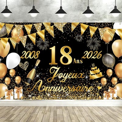 SnelShoppen - Happy Birthday Banner 18e Verjaardag Decoratie 2008-2026 - Gouden Zwart - Feestversiering voor Jongens en Meisjes - 180 x 110 cm - Fotob