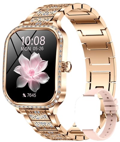 Knobbout 1,75" Scherm HD gebogen scherm smartwatch met ingelegde diamant - Slank, stijlvol en elegant design - Vrouwelijke gezondheidstracking - Bluetooth-belfunctie - Roségouden talen band met kristallen + extra siliconen band