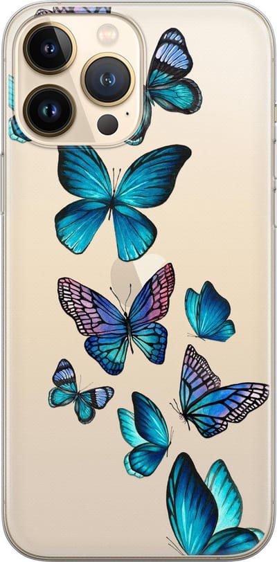 Leuke Telefoonhoesjes - Hoesje geschikt voor iPhone 13 Pro Max - Vlinders blauw - Soft case - TPU - Print / Illustratie - Transparant, Blauw