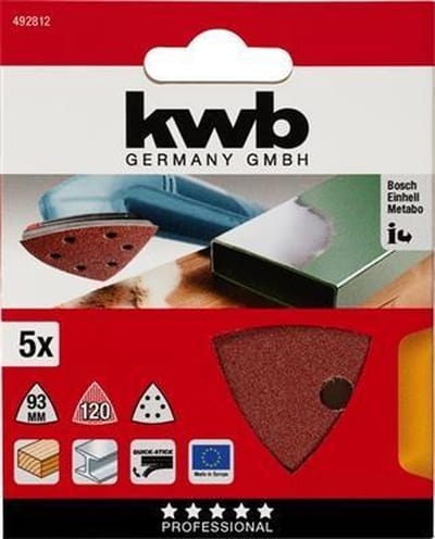 KWB schuurschijf Delta 93 x 93 mm - Korrel 120 - Klittenbandhechting - 492812 - 5 stuks