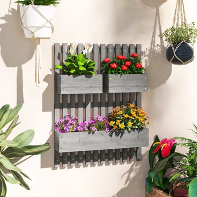 REDOM Verticale Tuin Muurrek (60x80 cm) - Houten Balkonrek / Kruidenrek met Trellis & 3 Bloembakken - Grijs