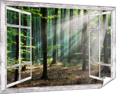 Gards Tuinposter Doorkijk Bos met Zon tussen de Bomen - 180x120 cm - Tuindoek - Tuindecoratie - Wanddecoratie buiten - Tuinschilderij
