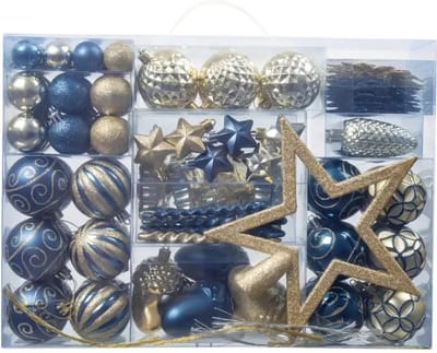 Nivard Kerstballen - Kerstversiering - Plastic - Blauw/Goud - Kerstballenset - 110 stuks