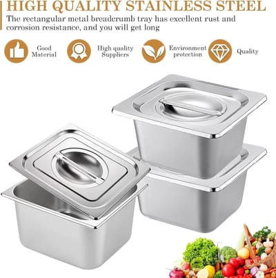 Set van 3 RVS GN containers 1/6 met deksel, 10 cm hoog, ideaal voor voedselopslag, stomen en als inzet voor chafing dish