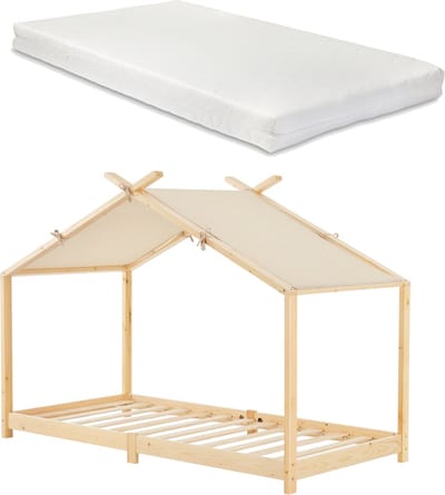 Kinderbed Brome huisbed met matras 90x200 cm houtkleurig en beige [en.casa]