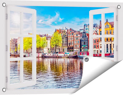 Gards Tuinposter Doorkijk Amsterdamse Huisjes aan het Water - 60x40 cm - Tuindoek - Tuindecoratie - Wanddecoratie buiten - Tuinschilderij