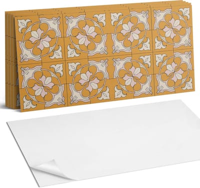 Coloray Plaktegels - Bloemenpatroon in mozaïek Wandtegel Zelfklevend - 60 cm x 30 cm - Oranje Plaktegels - 6 stuks - Rechthoek PVC Tegels - Plaktegels Keuken - Zelfklevende Vloertegels Badkamer - Vinyl Tegels Zelfklevend - Zelfklevende Wandtegels
