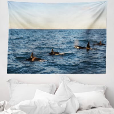 ABAKUHAUS Walviswandtapijt, echte foto van 4 orka's die uit de zee komen, 150 x 110 cm, blauw en zwart