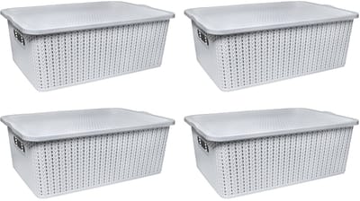 QUVIO Opbergmand met deksel - Opbergmanden - Opbergmand kinderkamer - Opbergmand - Kunststof - 27,5 x 31 x 14,5 cm - Set van 4