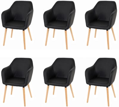 Set van 6 eetkamerstoelen Malmö T381, stoel keukenstoel, retro jaren 50 design ~ kunstleer, zwart, lichtgekleurde poten