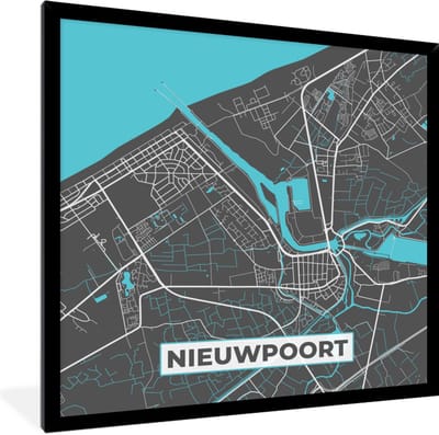 Fotolijst incl. Poster - Kaart – Plattegrond – Stadskaart – Nieuwpoort – België - Grijs - 40x40 cm - Posterlijst