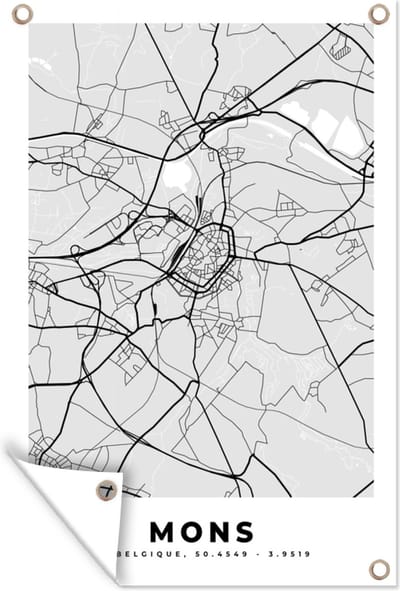 Muurdecoratie België – Mons – Stadskaart – Kaart – Zwart Wit – Plattegrond - 120x180 cm - Tuinposter - Tuindoek