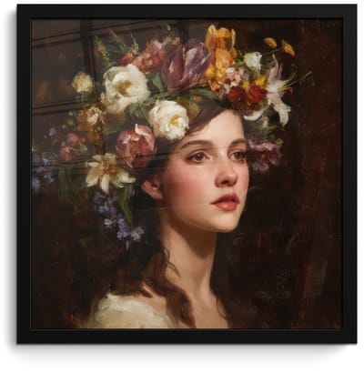 Poster in lijst - Fotolijst 40x40 cm - Posters - Portret - Vrouw - Bloemen - Posterlijst zwart - Decoratie - Wanddecoratie woonkamer - Muurdecoratie slaapkamer