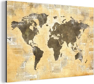 Wanddecoratie Metaal - Aluminium Schilderij Industrieel - Wereldkaart - Krant - Gouden - 120x80 cm - Dibond - Foto op aluminium - Industriële muurdecoratie - Voor de woonkamer/slaapkamer