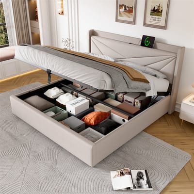 YEHTOKHOME Gestoffeerd bed Eenpersoonsbed 140x200 cm met opbergruimte - USB type C-oplaadfunctie - Hydraulisch Opbergbed Bedframe met lattenbodem - Katoen linnen - Beige (zonder matras)