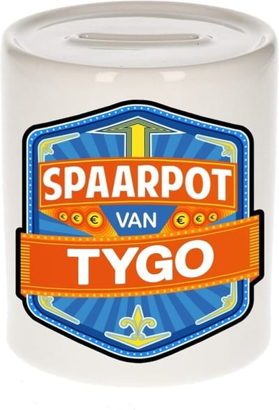 Bellatio Decorations Kinder spaarpot met naam - Tygo - keramiek - met dop - wit - Sparen - Spaargeld van Tygo
