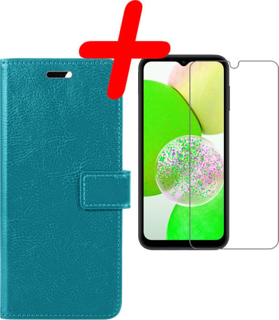 Hoesje Met Screenprotector - Geschikt voor Samsung Galaxy A14 - Luxe Pasjeshouder - Bookcase Portemonee - Flip Case - Kunstleer Book Case - Flipcase - Book Cover - Walletcase - Portemonneehoes - Turquoise