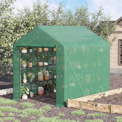 MODFU - Foliekas Met Plantenschappen - Oprolbare Deur Met Ritssluiting - Stalen Frame - Groene PE-Afdekking - Groen