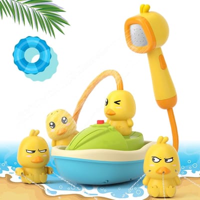Eend Bad Speelgoed Set met Douchekop - Spuitend Drijvend Boot & 4 Stuks Spuitende Gele Eendjes - Interactieve Water Sprinkler Badkuip Speelgoed - Zintuiglijk Opvoedend Bad Tijd Speel Cadeau voor Peuters Jongens Meisjes 1-5 Jaar