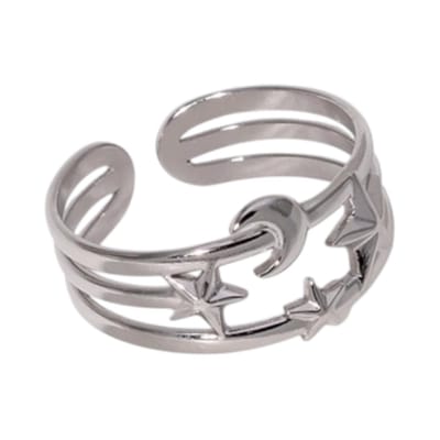 Aramat Jewels | Ringen | Open Ring RVS met Drie Sterren en Maan (9 mm) | Zilverkleur | |8mm | Staal | Volwassenen | Verkleurd niet
