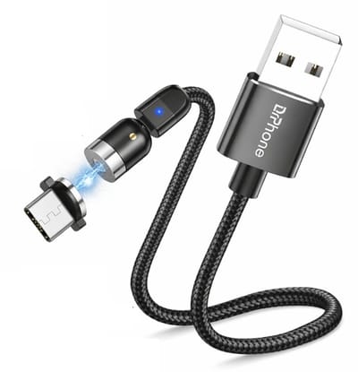 DrPhone ECHO Axis Magnetische USB-C Oplaadkabel – 540° Draaibaar – 2.4A – Nylon Gevlochten – L-Vorm & Recht – Zwart