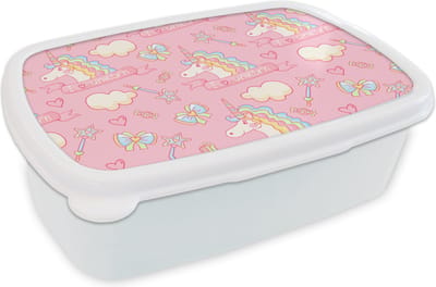 Broodtrommel Wit - Lunchbox - Brooddoos - Unicorn - Roze - Patronen - Kind - 18x12x6 cm - Volwassenen