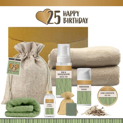 Geschenkset “25 Happy Birthday” - 9 producten - 1940 gram |Luxe wellness Cadeaubox voor haar Giftset Feestje Verjaardag Vijfentwintig jaar Cadeau Pakket Douche Gefeliciteerd Verjaardagscadeau Vrouw Gift Party Twenty-five Years Hartje Goud Groen Beige