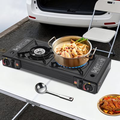 Zerova 2 pits Kampeer Fornuis - Gaskookplaat - Met Draagkoffer - 2 x 2500 W - Butaan/LPG - Automatische Ontsteking - Zwart