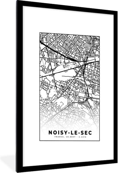 Fotolijst incl. Poster Zwart Wit- Stadskaart - Noisy-le-Sec - Plattegrond - Kaart - Frankrijk - Zwart wit - 60x90 cm - Posterlijst