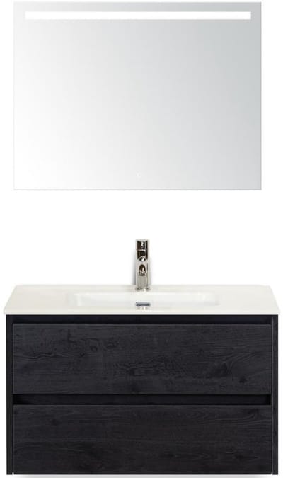 Dante Badmeubelset 80 cm - Black Oak - Keramische Wastafel Wit Cover met Sence Spiegel